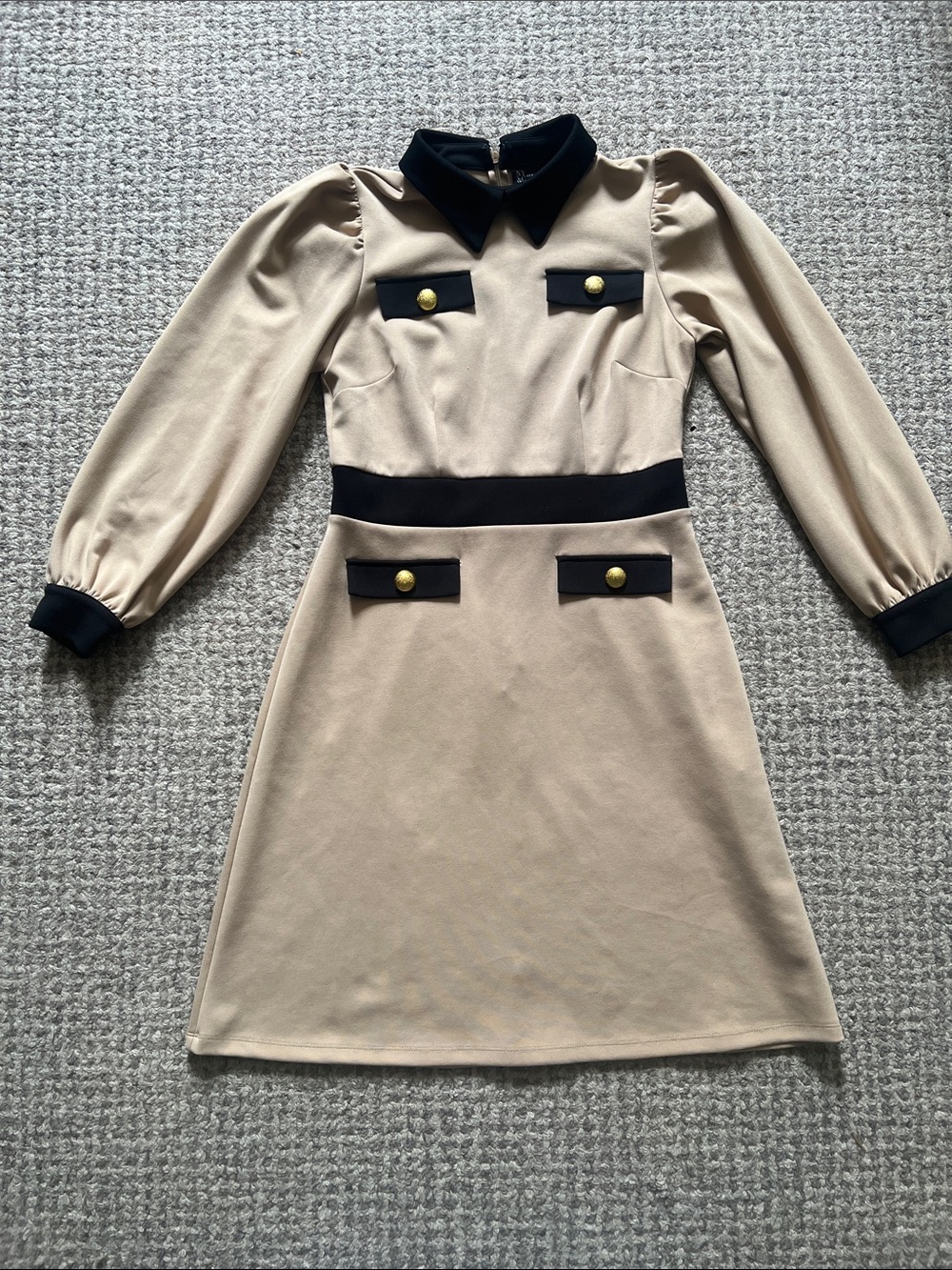 NY&Co Military Dress S Tan Gold Button A-Line Long Sleeve EUC